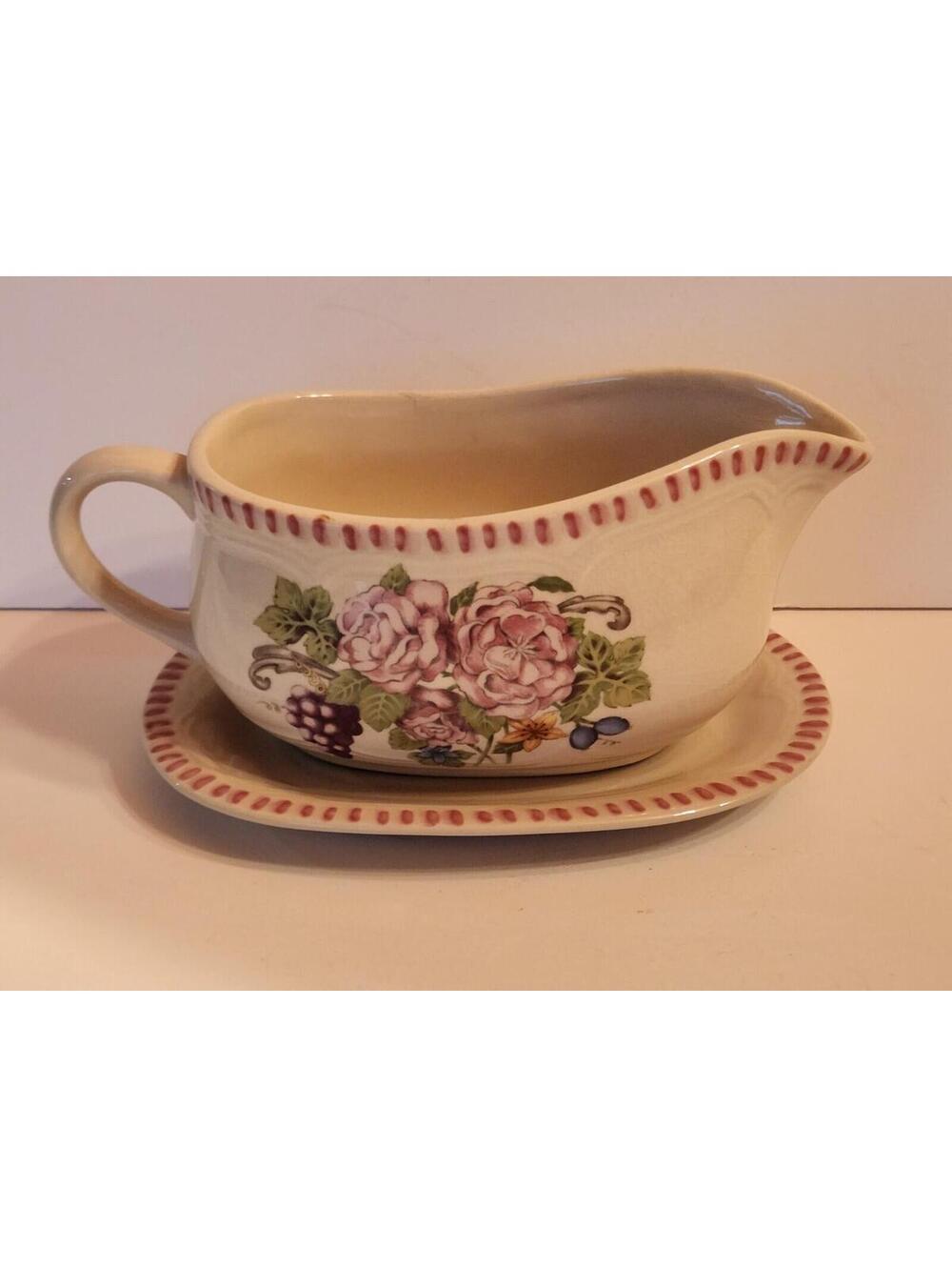 Himark Gravy Boat With Platter Creme Purple Flower Floral